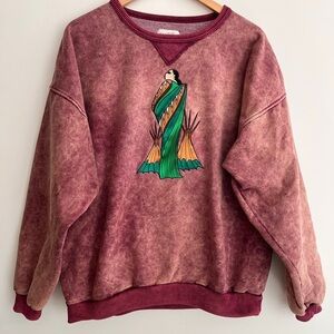 VINTAGE Fuzzy Stonewash Sweatshirt Indigenous Embroidered Design Made Canada